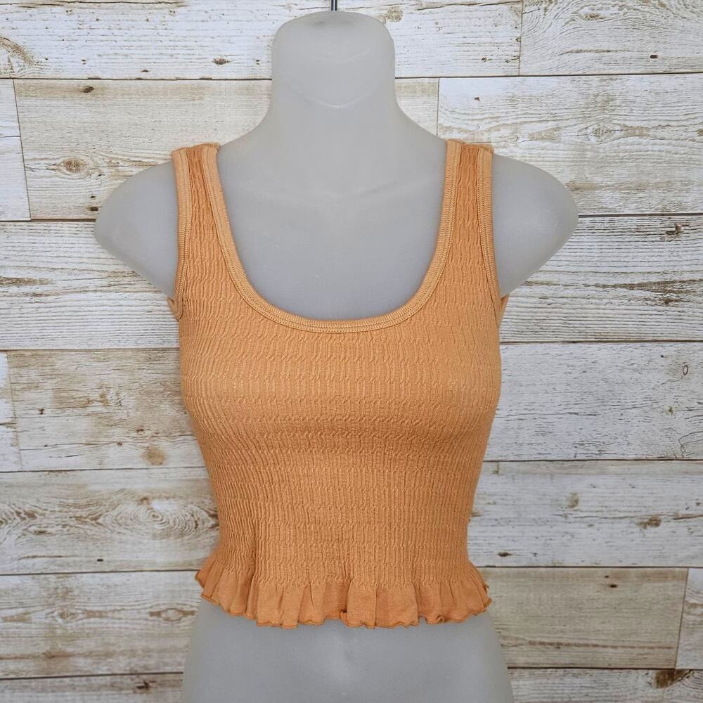 DKNY Tank Top Womens XXS Smocked Ribbed Coral Peach Ruffle Hem Cropped Boho Sexy